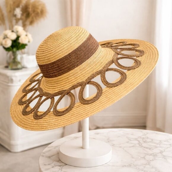 Wide Brim Straw Sun Hat Cutout Brim Resort Cruise Beach Coastal Baja Statement main image 8